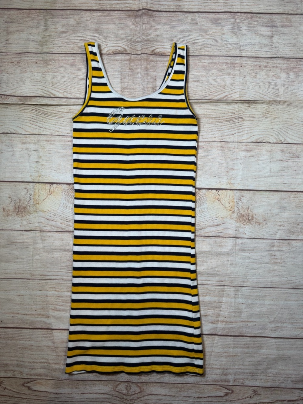 Guess Yellow, Black & White Striped Ribbed Bodycon Tank Top
